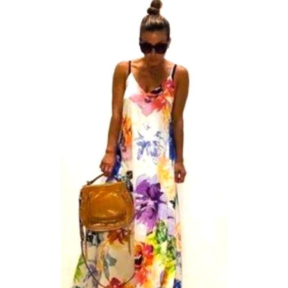 Nicole Miller Cream Airbrush Floral Sleeveless Slip Dress Sz 4